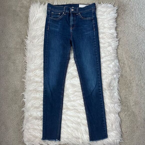 Rag & Bone 10 Inch Ankle Skinny Stretch Denim Dark Wash Raw Hem Jeans - Picture 2 of 8
